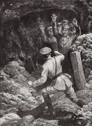 Le lieutenant Morland faisant prisonniers dix-huit Allemands dans une mine à Givenchy, France, mai 1915